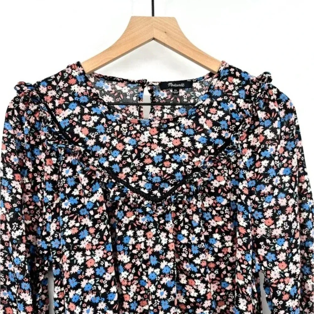 Madewell Ruffle-Yoke Puff Sleeve Prairie Top Spring Prairie Black Floral Size XL